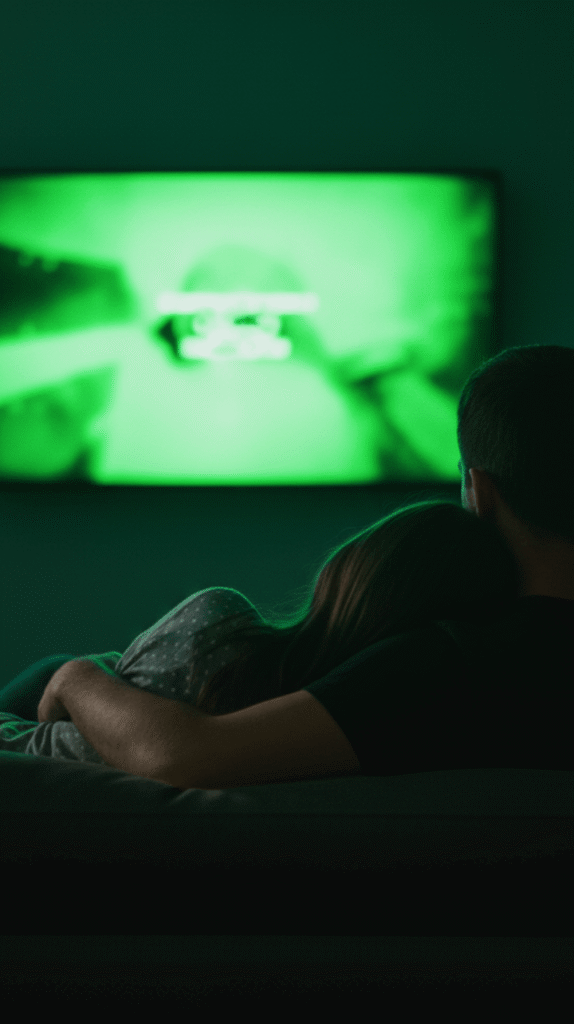Couple watching streaming content on a connected TV, illustrating connected TV advertising.
