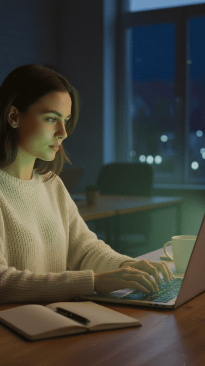 Woman working on a laptop at night, illustrating desktop advertising impact.