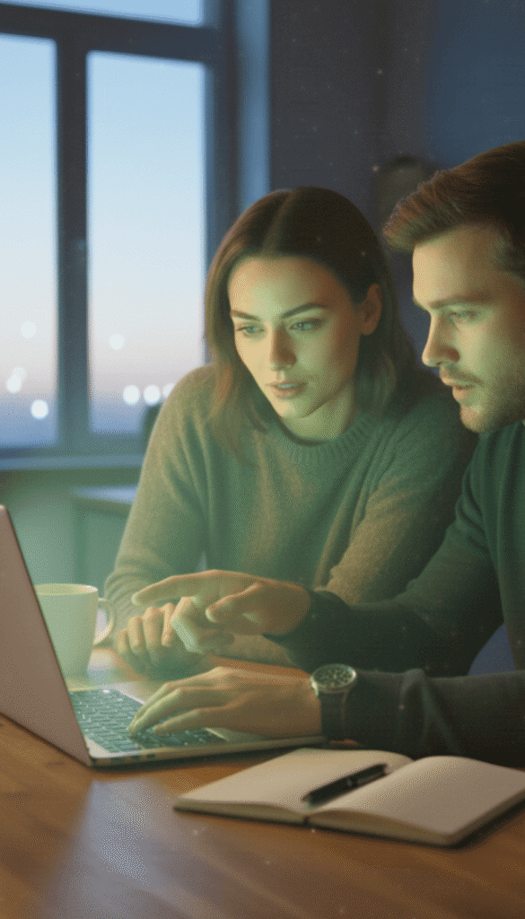 Couple analyzing a marketing campaign on a laptop in a workspace.
