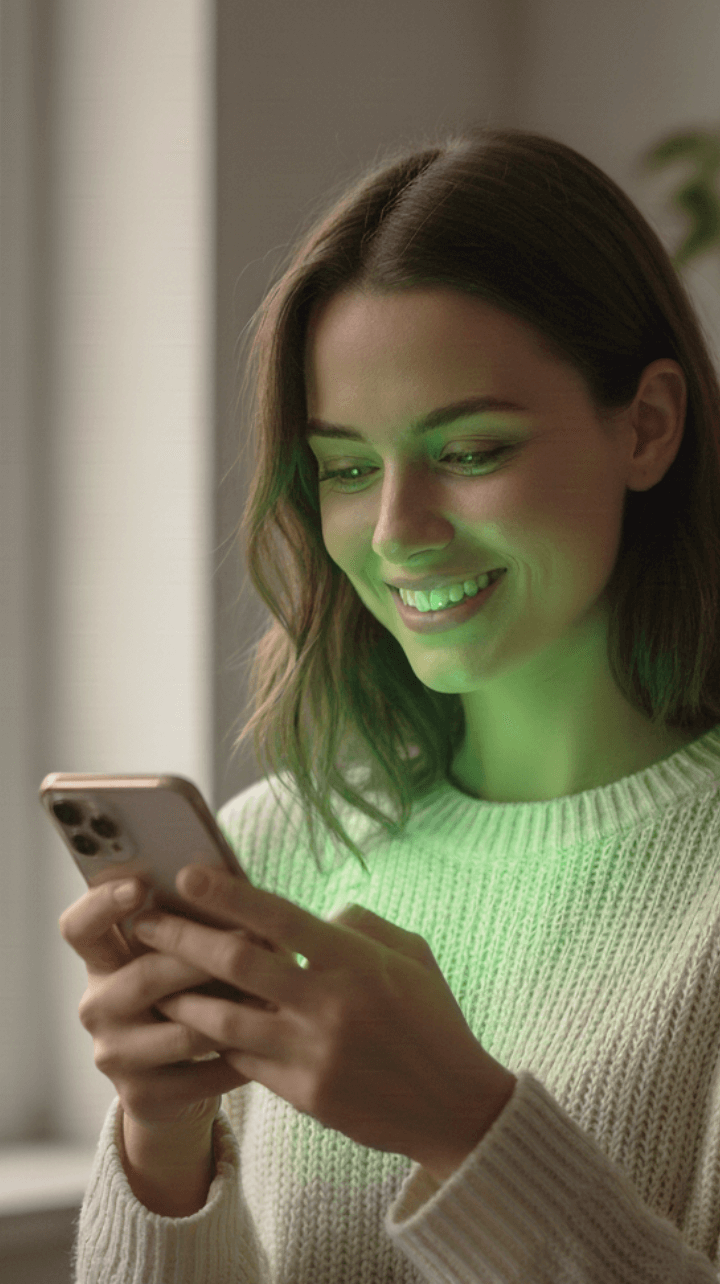 Woman smiling while checking her phone, representing mobile advertising solutions.