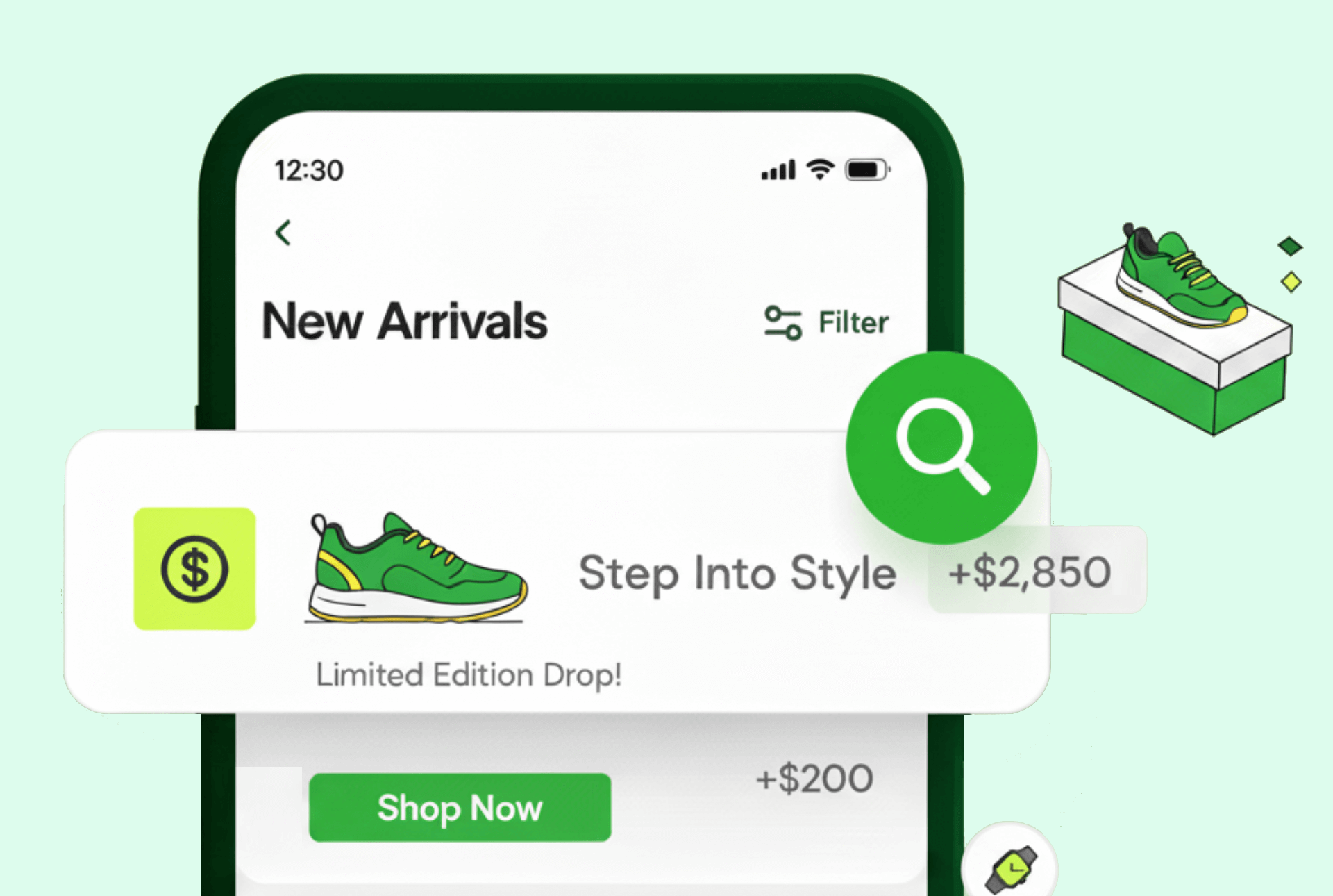 Creative enrichment example showing a personalized product ad for footwear inside a mobile shopping interface.