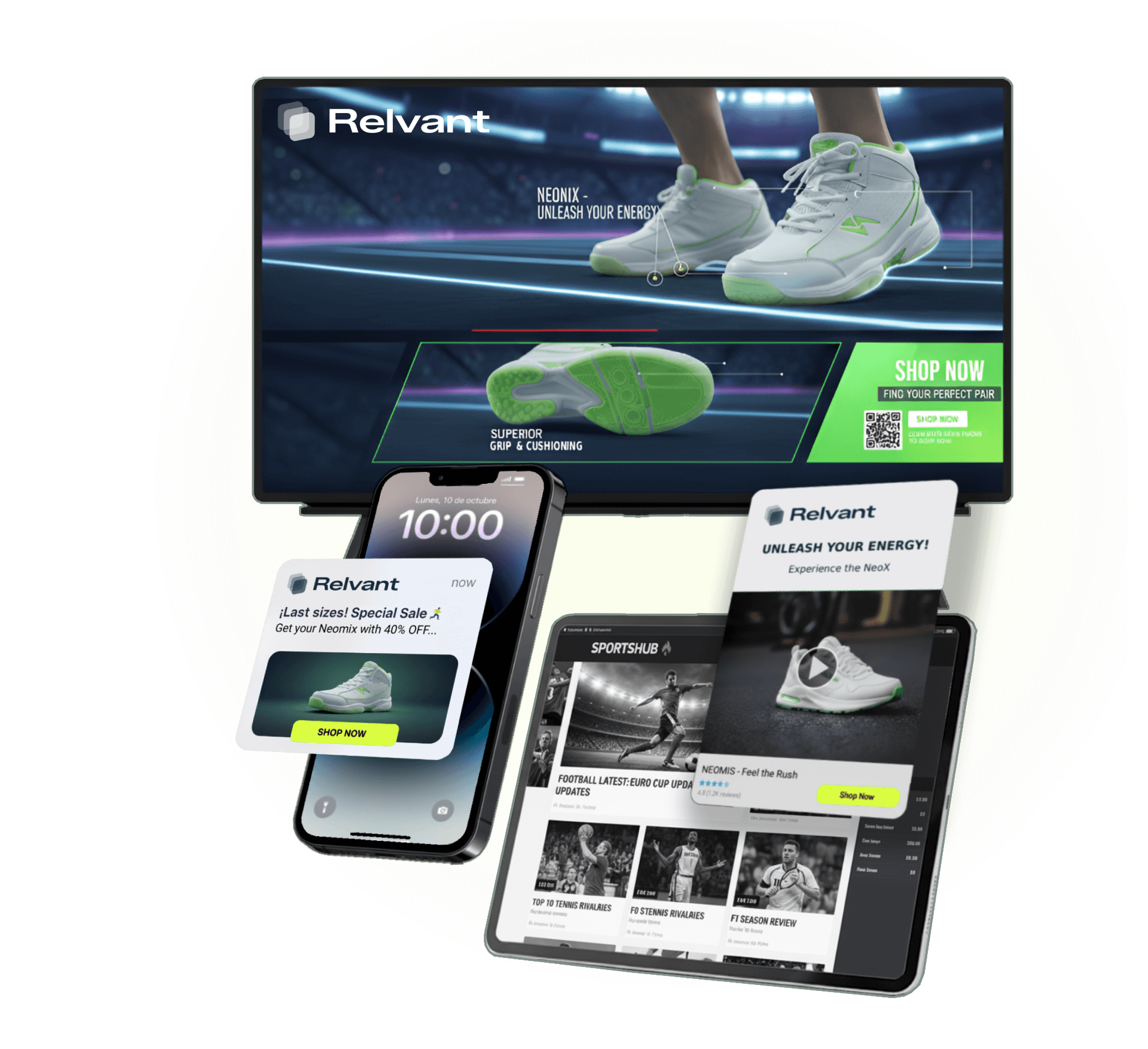 Relvant programmatic advertising visuals showing ads across TV, mobile, and tablet screens.