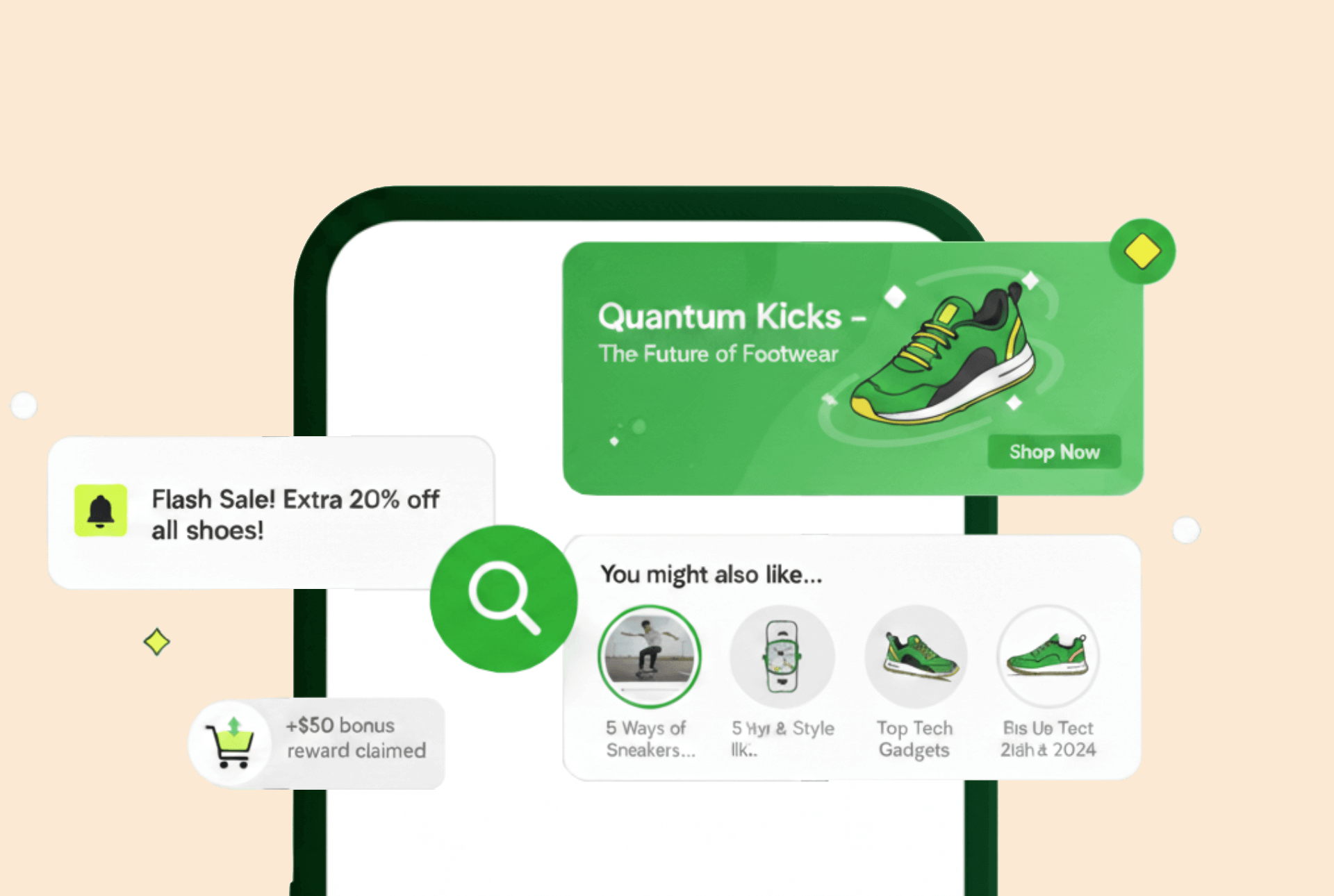 Illustration of targeted ads and product recommendations used to represent Relvant’s Managed Advertising Services.