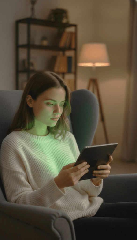 Woman using a tablet at night, illustrating tablet advertising impact.