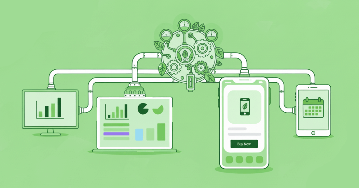 Illustration showing how programmatic advertising works, with connected devices, data dashboards, and automated ad delivery pipelines.