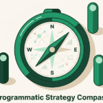 Illustration of a digital compass showing data charts and directions, symbolizing how a programmatic strategy guides marketers toward better performance and ROI.