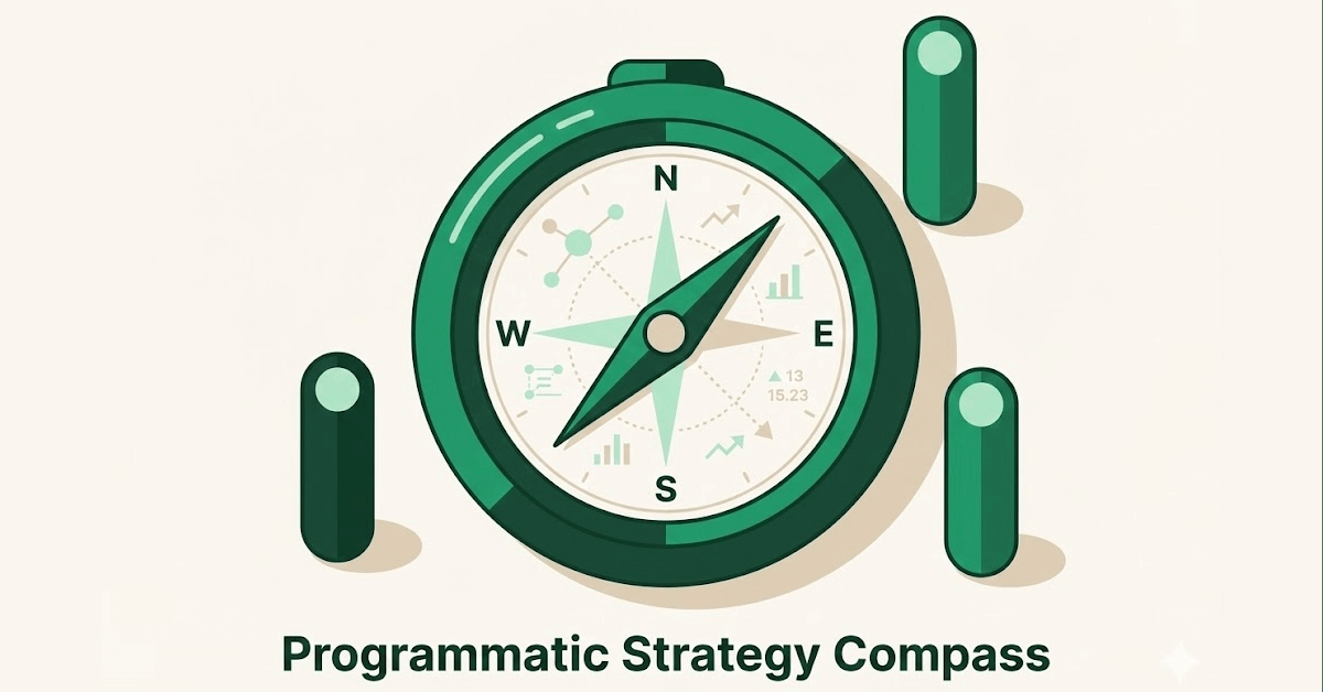 Illustration of a digital compass showing data charts and directions, symbolizing how a programmatic strategy guides marketers toward better performance and ROI.