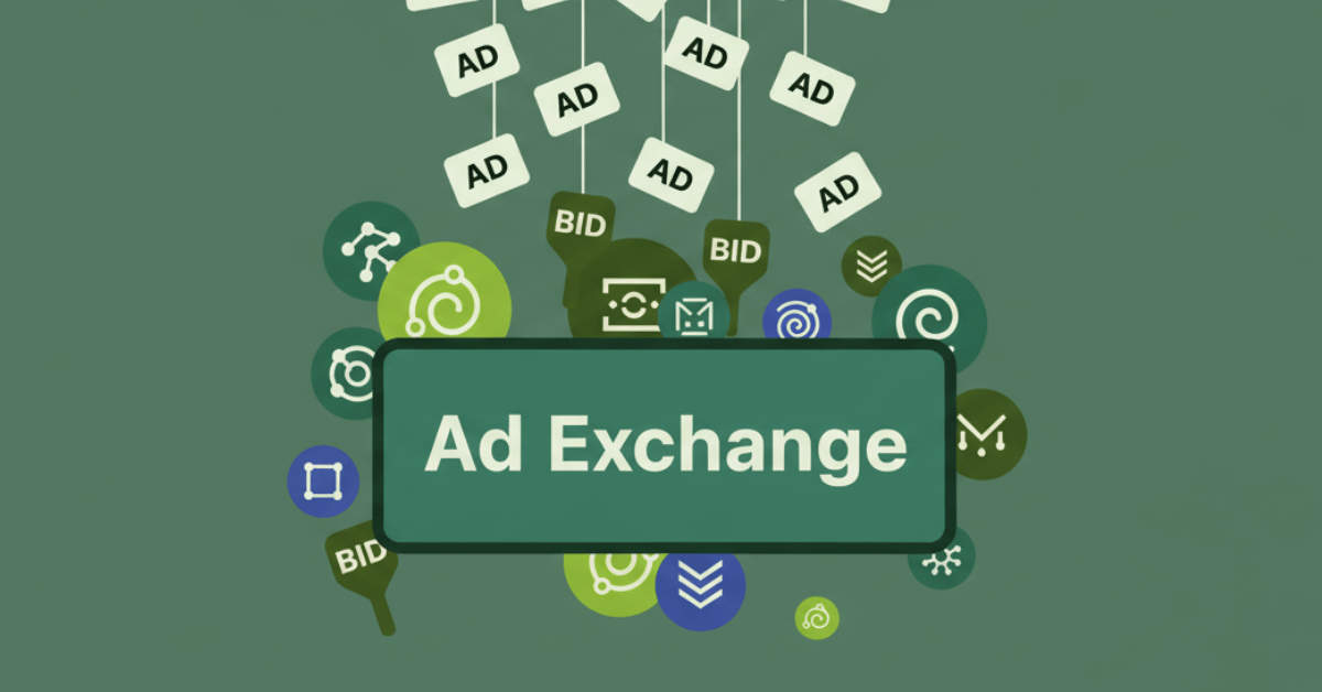 Illustration of an Ad Exchange showing ads and bid signals, used to explain how programmatic advertising DSP platforms connect advertisers and publishers.
