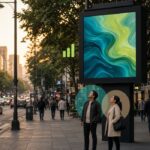 Personas en una avenida de Ciudad de México mirando una pantalla digital de publicidad exterior