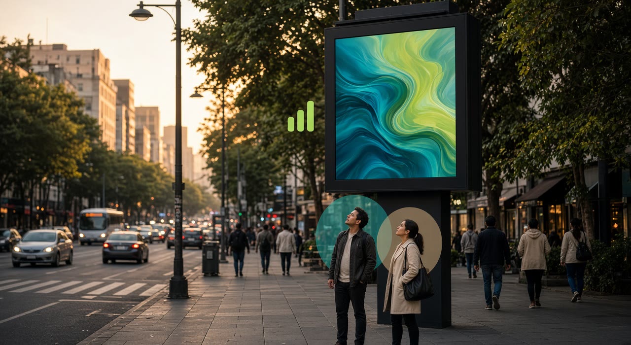 Personas en una avenida de Ciudad de México mirando una pantalla digital de publicidad exterior
