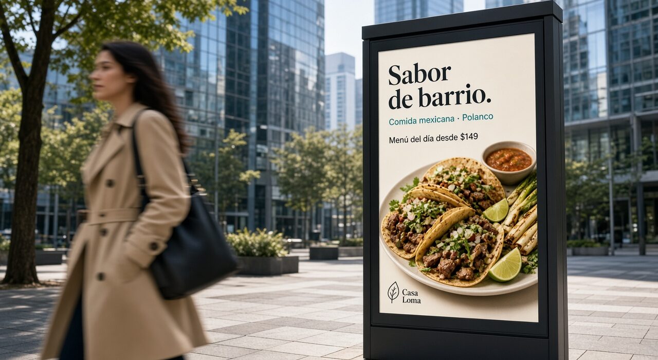 Mupi digital DOOH en zona corporativa con anuncio ficticio Casa Loma