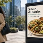 Mupi digital DOOH en zona corporativa con anuncio ficticio Casa Loma