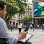 Dueño de un negocio sentado en una plaza, con su celular y una libreta, evaluando opciones frente a una pantalla digital de publicidad.