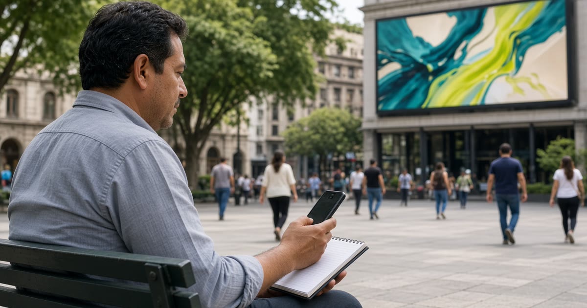 Dueño de un negocio sentado en una plaza, con su celular y una libreta, evaluando opciones frente a una pantalla digital de publicidad.