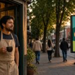 Dueño de una panadería en Ciudad de México mirando su anuncio en una pantalla digital frente a su negocio