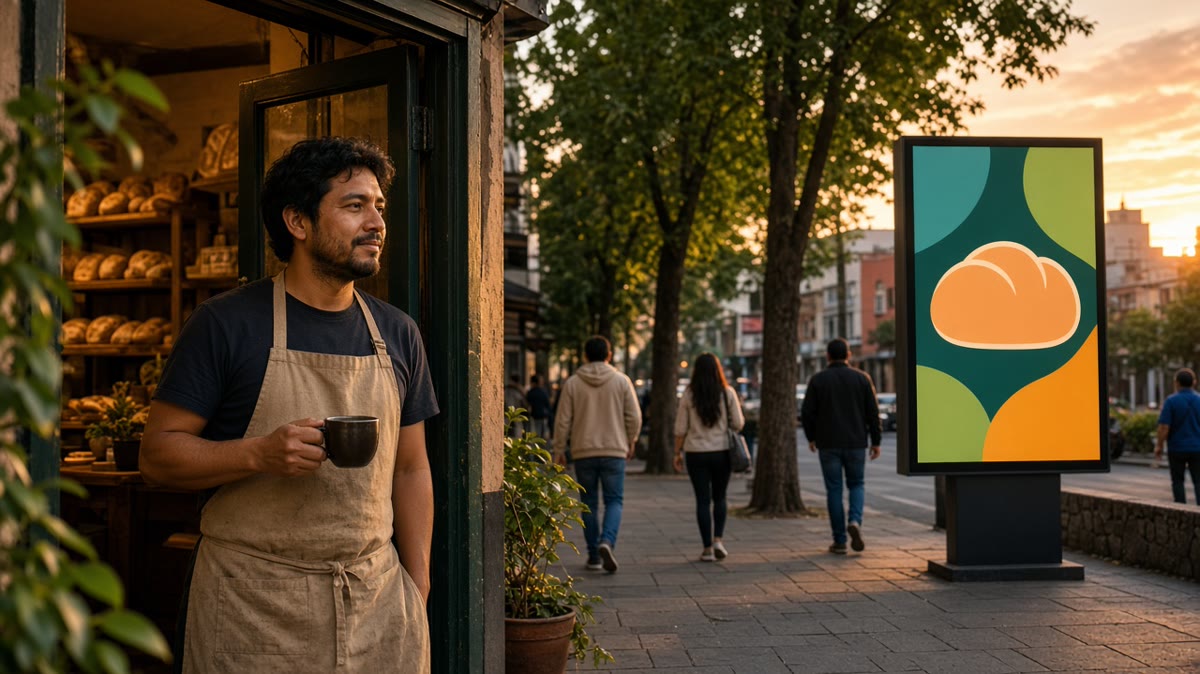 Dueño de una panadería en Ciudad de México mirando su anuncio en una pantalla digital frente a su negocio