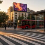 Avenida de la Ciudad de México al atardecer con una estación de Metrobús con pantalla digital, un espectacular digital y personas cruzando la calle.