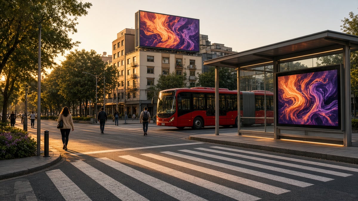 Avenida de la Ciudad de México al atardecer con una estación de Metrobús con pantalla digital, un espectacular digital y personas cruzando la calle.